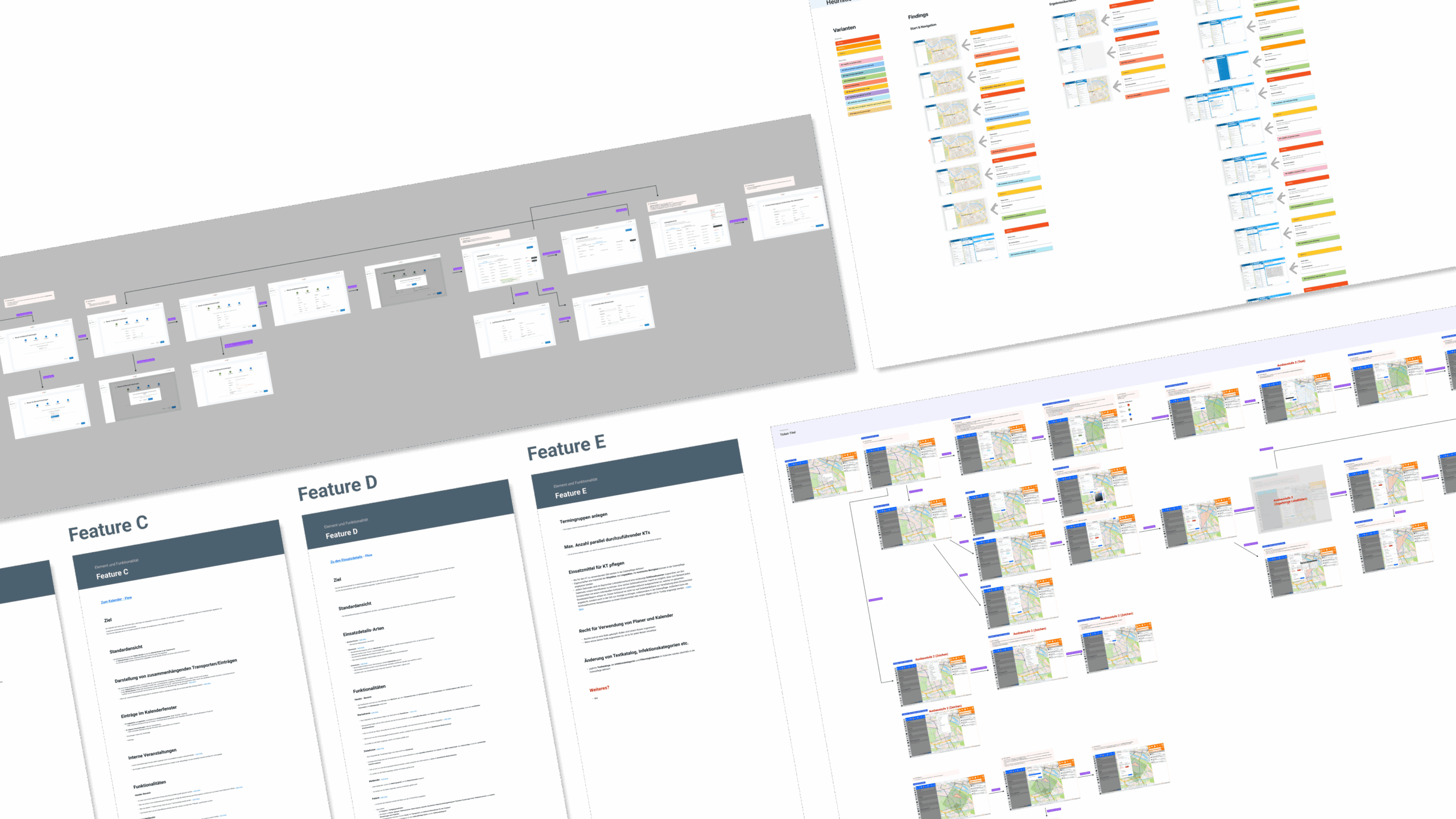 Thumbnail mit Feature-Dokumentation und UI-Flow-Diagrammen für eine Softwareanwendung